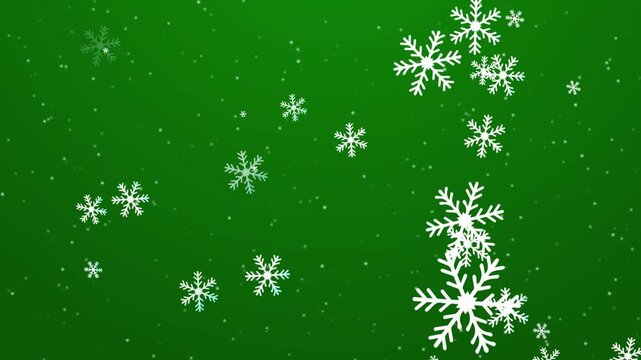Falling White Snowflakes Particle Animation Over A Solid Green Background Minimal Style