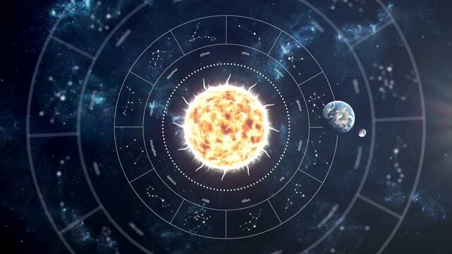 Astrological zodiac wheel with glowing sun and earth, mystic celestial horoscope symbols in deep space, esoteric astrology background for divination