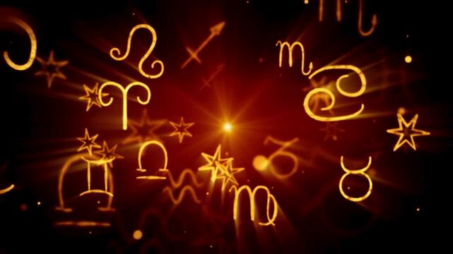 Golden zodiac signs floating in space, mystical astrology symbols with light rays, celestial horoscope icons on dark background