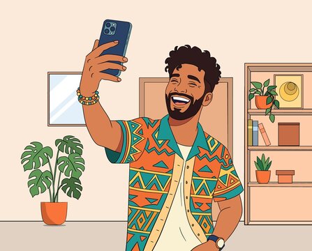 Smiling man taking smartphone selfie in cozy home interior