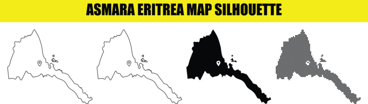 Asmara eritrea map silhouette bundle including detailed geographical borders and capital city location marker pin points.