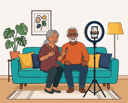 Senior couple recording social media video at home