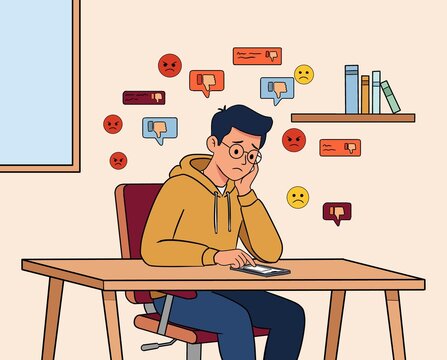 Young man stressed by negative social media feedback online