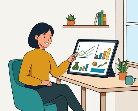 Woman analyzing finance charts on tablet in home office