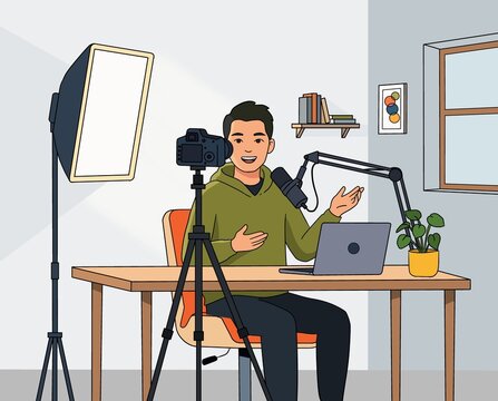 Home studio vlogger recording podcast with camera and mic