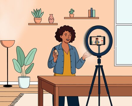 Woman filming video tutorial with smartphone and ring light