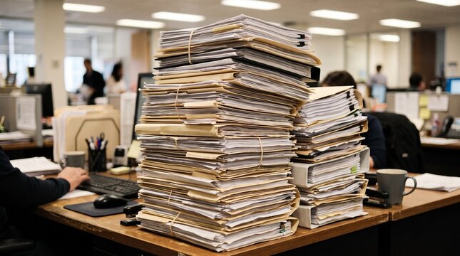 Overwhelmed office worker drowning in stacks of paperwork and files on desk with computer and coffee cup