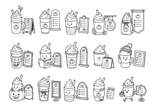 Cute Halloween Pumpkin Spice Latte Coffee Character Collection Black and White Outline Vector Bundle