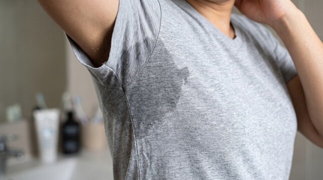 Person with sweaty underarms and damp t-shirt in a bathroom setting