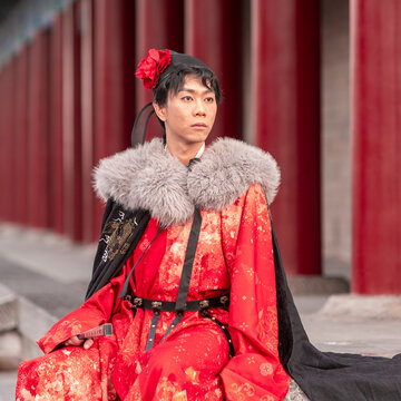Male in hanfu at Xi'an City Wall in traditional China