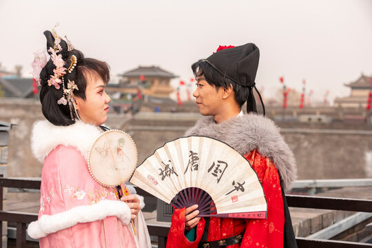 Two males in hanfu at Xi&rsquo;an City Wall, China heritage