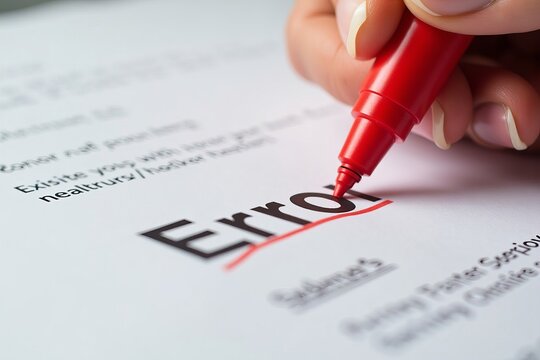 Macro image of a hand using red marker to mark a mistake on a paper