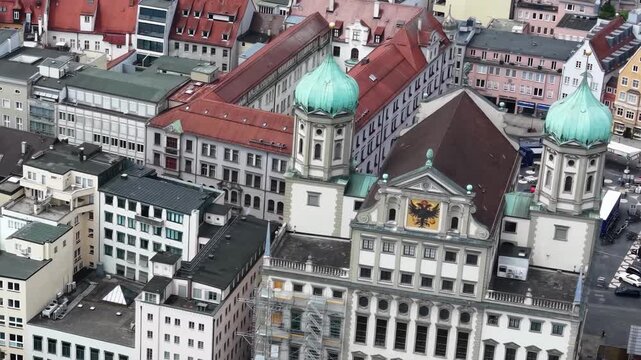 Aerial panoramic view of the city Augsburg in Germany, Bavaria on a sunny spring noon.