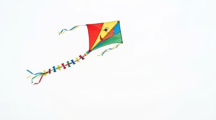 Obraz premium Colorful smiling kite flying against a clear sky on a minimalist white background for playful banner and children design