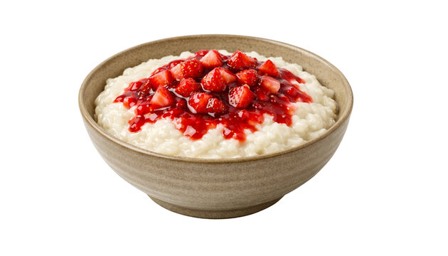 Bowl of creamy rice pudding topped with fresh diced strawberries and red syrup, isolated on transparent background. Sweet dessert concept.