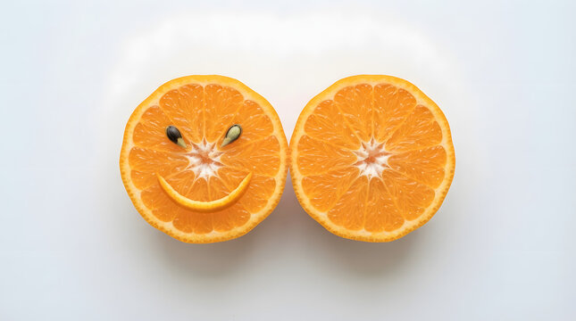 Two orange halves on white background, one with happy face made of seeds.