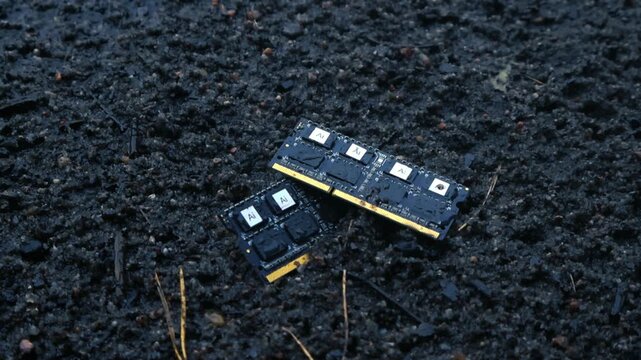 Discarded AI computer chips and memory modules lying on wet mud during a rainstorm, symbolizing a technological apocalypse, e waste, and the failure of advanced digital systems