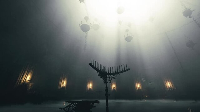Ceremonial hall with illuminated centerpiece and overhead chandeliers, high contrast beams pouring through dome, warm wall lights and contemplative atmosphere.