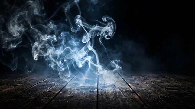 Dramatic swirling smoke and dark wooden floor create a moody atmosphere for abstract backgrounds and conceptual photography