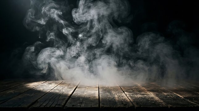 Dramatic smoke swirls and vapor rising from a dark wooden surface illuminated by a spotlight creating a moody atmosphere