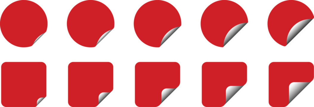 Red sticker label vector set with curled corner peel effect featuring circle and rounded square shapes for branding, pricing, packaging, promotion, and modern graphic design projects. Clean 