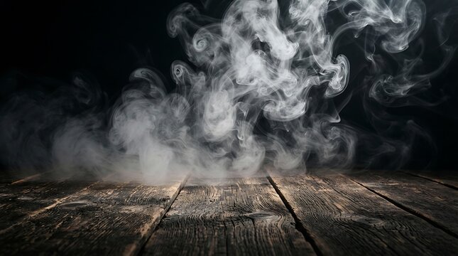 Dramatic wisps of white smoke rising from a dark wooden surface creating a moody atmosphere for product placement