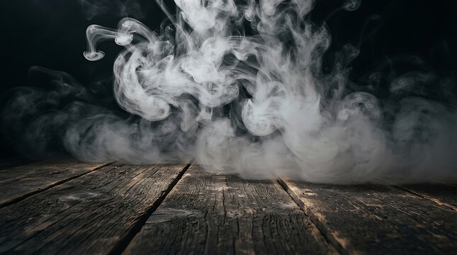 Dramatic white smoke swirling above a rustic wooden surface against a dark background creating an atmospheric and mysterious presentation