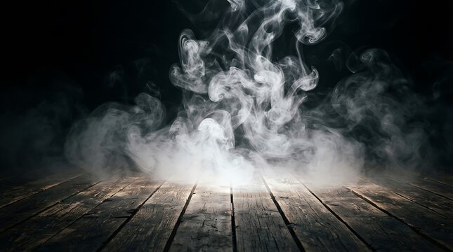 Dramatic wisps of white smoke rising from a dark wooden surface creating an eerie and mysterious atmosphere for conceptual design