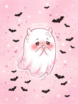 Cute Halloween Spooky Kawaii Ghost Wallpaper and Profile Picture with Pink Aesthetic, Sparkles, Black Bats, and Stars. 4k Ultra HD Minimalist Digital Illustration for Phone Backgrounds and PFPs.