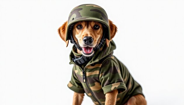 Dog in military outfit with camouflage gear and helmet, showcasing playful expression. Dog wears stylish camouflage jacket and helmet, perfect for pet owners wanting unique photos.
