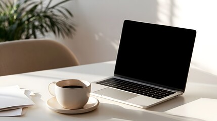 Fototapeta premium A minimalist workspace setup featuring a laptop computer a ceramic coffee cup on saucer and papers arranged neatly on a white desk surface