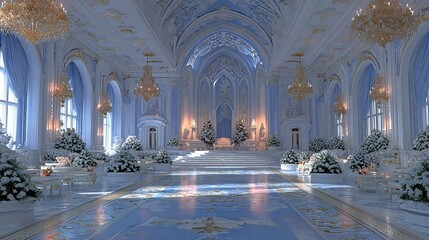 Fototapeta premium Magnificent Ballroom with Intricate Architecture and Snowy Floral Accents Radiating Elegance and