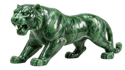 Fototapeta premium Green jade carved tiger figurine with sculpture isolated on transparent background