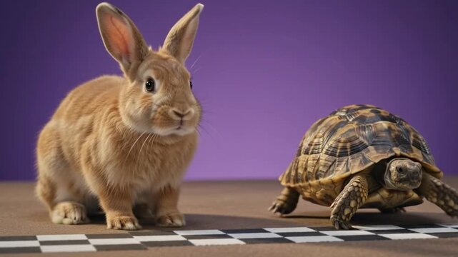 A tortoise walking on a checkered finish line track