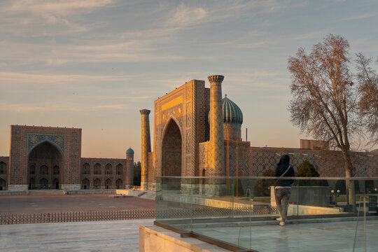 Registan square architecture at sunset in Samarcanda, Uzbekistan