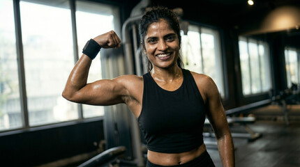 Fototapeta premium Indian Woman Flexing Arms in Modern Gym, Fitness Success and Body Transformation