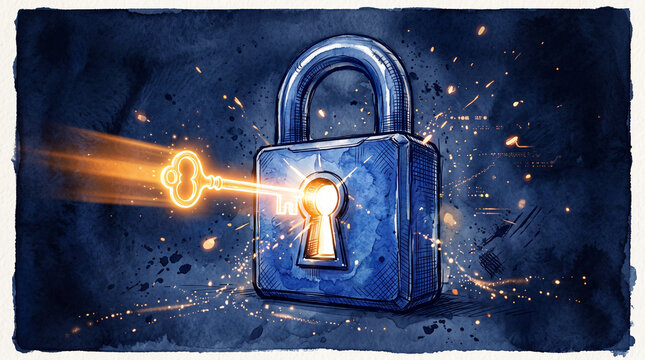 Blue amber watercolor ink padlock opening with light key, representing cybersecurity, digital trust, encryption, data protection and secure access technology concept