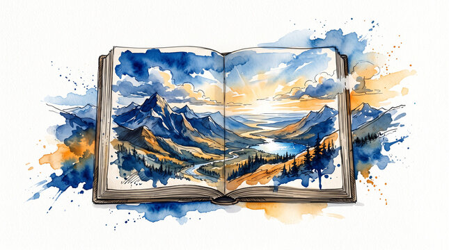 Blue amber watercolor ink open book with landscape inside, representing reading opening new worlds, imagination portal, lifestyle of learning and escapism through books concept