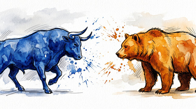 Blue amber watercolor ink bull and bear facing each other, representing financial market forces, bull market optimism versus bear market fear and investment tension concept