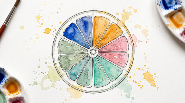 Colorful watercolor ink pie chart as sliced citrus fruit, representing business finance equity distribution, profit sharing, portfolio allocation and fair division of returns concept