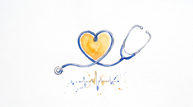 Blue amber watercolor ink stethoscope forming heart shape, representing healthcare driven by compassion, medicine with heart, doctor patient care and healing through love concept
