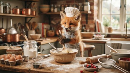 Fototapeta premium Red fox chef preparing dough in a rustic kitchen for culinary banner and warm food background design