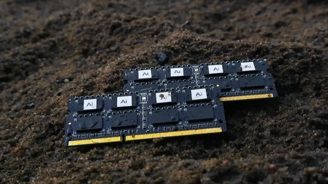 Water drops falling on artificial intelligence computer ram modules resting on a pile of wet dark sand, symbolizing concepts like technological vulnerability, obsolescence, or data loss