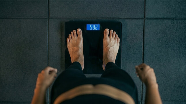 Person Standing on Digital Weighing Scale Measuring Weight Loss Progress