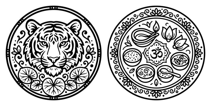 Tiger face and om puja thali in traditional religious circular style