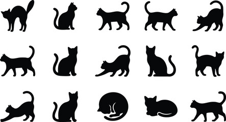 Set of black cat silhouettes featuring diverse poses like sitting, stretching, walking, and sleeping on a clean white background © GFX