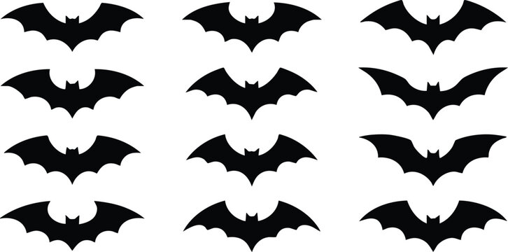 Group of black bat silhouettes in flying poses isolated on a white background, for halloween themed, and holiday decorations