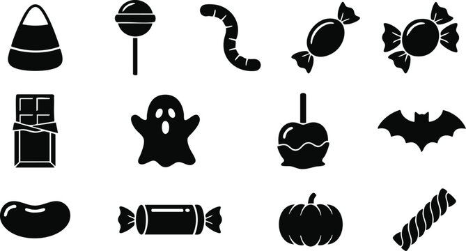Halloween candy and spooky treat set featuring ghosts, bats, candy corn, chocolate, and caramel apples on a white background