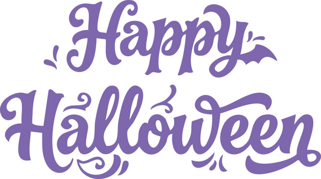 Happy halloween calligraphy text with decorative swirls and a small bat silhouette in purple color on a plain white background