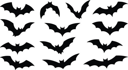Fototapeta premium Twelve various flying bat silhouettes in black color arranged in a grid pattern on a plain white background, for halloween themes